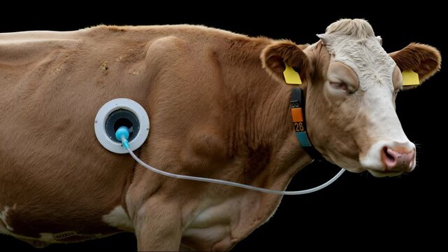 Brown cow with rumen port device on black background. Clinical style. Veterinary research concept. Animal health, dairy technology, education materials, lab services, bioethics debates, copy space
