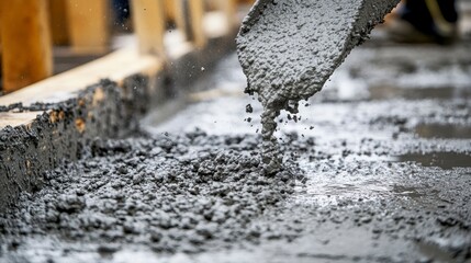 Close-up of wet cement being poured and spread during construction.