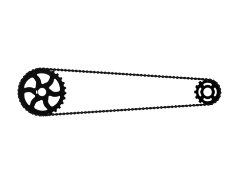 A detailed bicycle chain and two sprockets, a large dark one and a smaller light one, in a realistic 3D render. This high-resolution image is isolated on a PNG Transparent HD Background, perfect for
