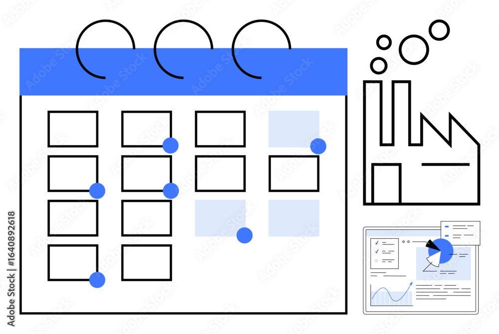 Poster calendar with marked dates, factory icon, and analytics diagram representing planning, scheduling, m