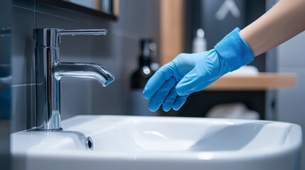 Close-up of a gloved hand reaching for a bathroom sink faucet.