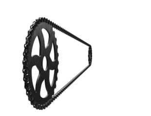 A detailed bicycle chain and two sprockets, a large dark one and a smaller light one, in a realistic 3D render. This high-resolution image is isolated on a PNG Transparent HD Background, perfect for