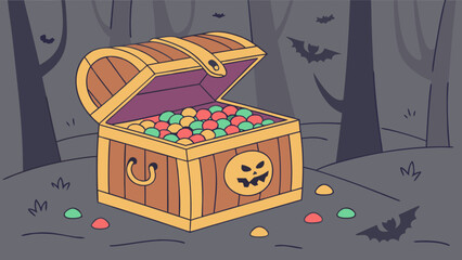 A halloween treasure chest overflowing with colorful candy sits open in a spooky forest filled with bats and dark trees hinting at a sweet and eerie night