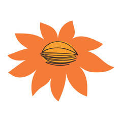 Orange Spiky Petal Flower With Yellow Center And Concentric Black Lines. Energetic cartoon wild bloom with sharp, pointed petals, great for invitations, festive cards, posters, and fun stickers.