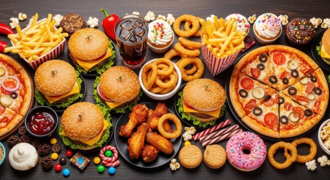 Delicious Fast Food Feast Spread With Burgers Pizza Fries and Donuts