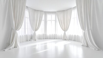 Empty white room with large windows and curtains