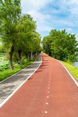 New pathway and beautiful trees track for running or walking and cycling relax in the park