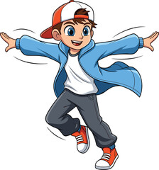 Cartoon boy jumping, red cap, blue jacket, energetic pose, playful character, vector art, isolated, cad drawing flat vector illustration