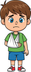 Cartoon injured boy, arm in sling, sad expression, brown hair, blue eyes, green shirt, blue shorts, red sneakers, vector art