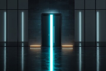 Step into the future with this sleek door bathed in electric blue light, perfect for modern designs, technology concepts, and futuristic themes