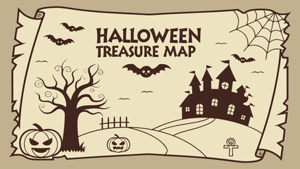 Spooky halloween treasure map with haunted castle bats and jack o lanterns on aged parchment