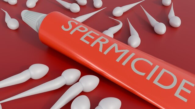 a 3d rendering of tube of spermicide and scattered sperm cells. A clinical visual metaphor for the product's function: to act as a barrier or deterrent to sperm.