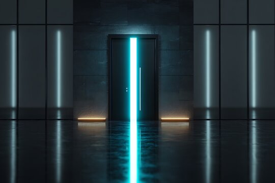 Step into the future with this sleek door bathed in electric blue light, perfect for modern designs, technology concepts, and futuristic themes - Powered by Adobe