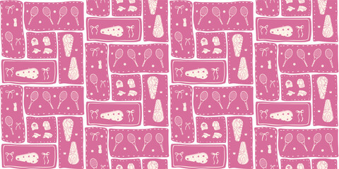 Seamless pattern of coquette tennis. Sports rackets, balls and ribbons endless background. Surface pattern design entertainment duotone pink and beige motif. Vector hand geometric illustration.