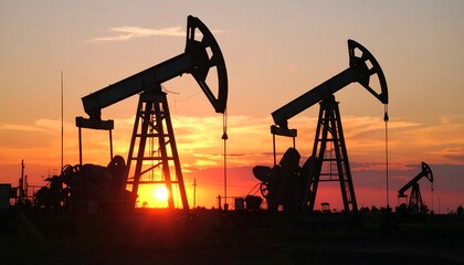 Oil pumps silhouetted against a vibrant sunset.