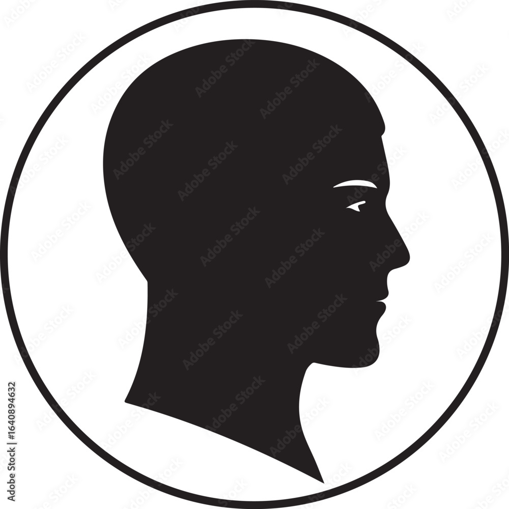 Poster Stylized silhouette of a human head in profile within a circular border representing a simple icon or symbol