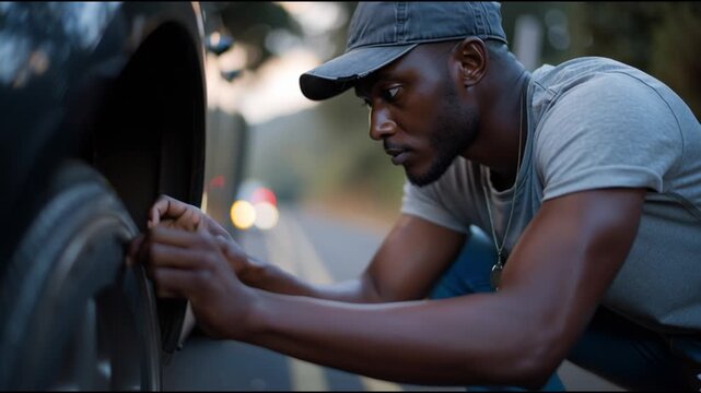 Man repairs flat tire on roadside during dusk in rural area, showcasing skills in vehicle maintenance