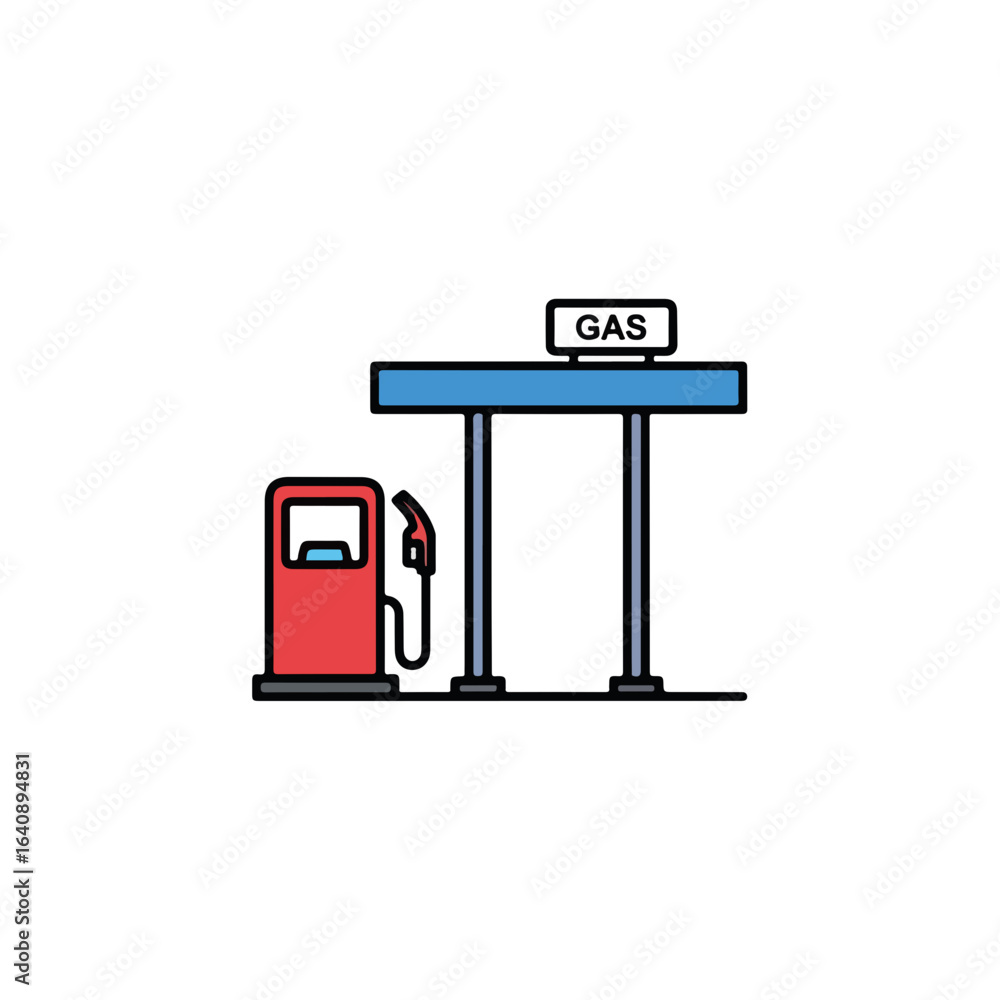 Poster gas station in minimal line art style with fuel dispenser and sign, creating clear and simple image.
