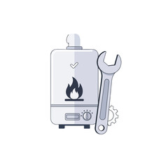 Obraz premium Gas boiler repair with wrench, illustrating domestic plumbing services, repair and maintenance. Gas boiler repair service, home heating system maintenance.