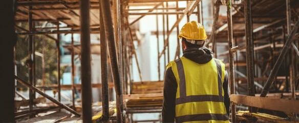 The construction worker examining the scaffolding at a development site.