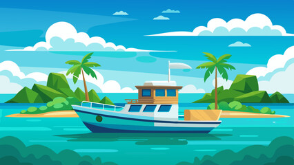 a boat in turquoise ocean water with a backdrop