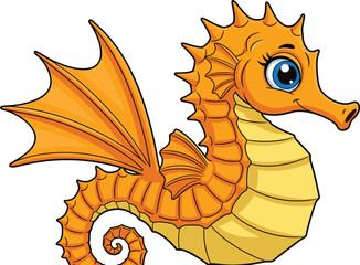 Cartoon orange seahorse, blue eyes, curled tail, wing fins, segmented body, marine animal, vector art, cad drawing flat vector illustration