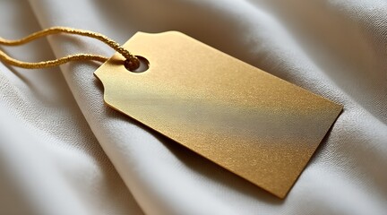 Golden blank tag with string on fabric background