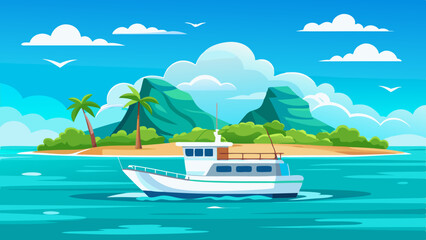 a boat in turquoise ocean water with a backdrop