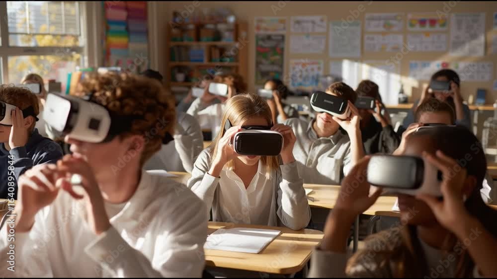 Poster students engage in virtual reality learning in classroom setting during afternoon session