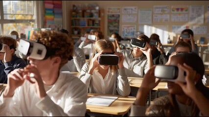 Students engage in virtual reality learning in classroom setting during afternoon session - Powered by Adobe