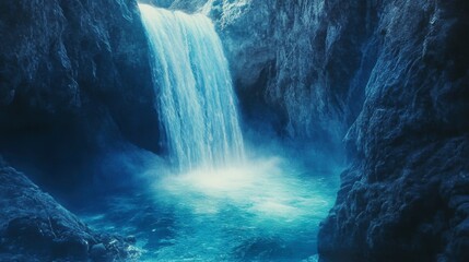 Serene waterfall cascading into a vibrant blue pool nestled within dark rock formations.