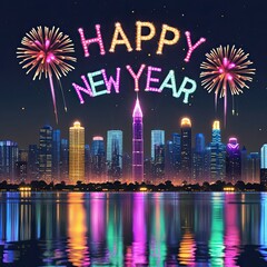 Happy New Year City Skyline & Fireworks

