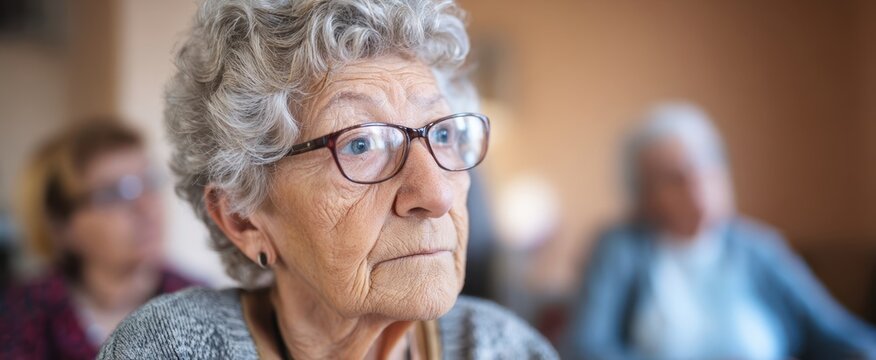 The thoughtful elderly woman in a community listening session.