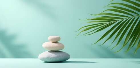 Obraz premium Stacked zen stones with palm leaf shadow