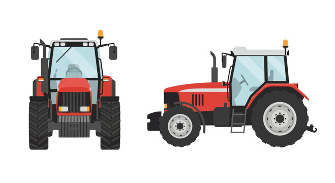 Red Agricultural Tractor Front and Side Views.