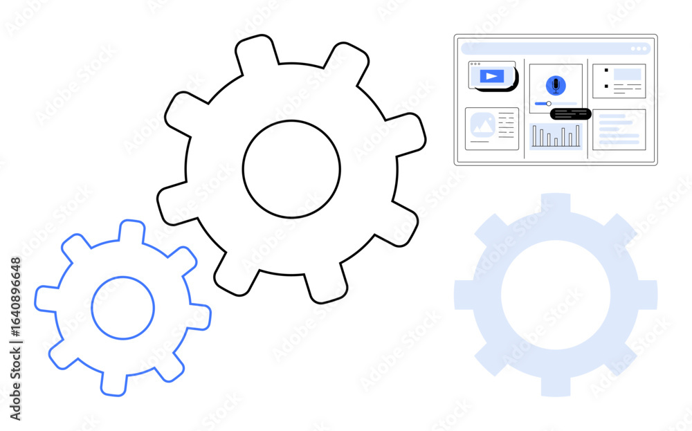 Poster interconnected gears beside a digital screen with charts and controls represent automation, teamwork