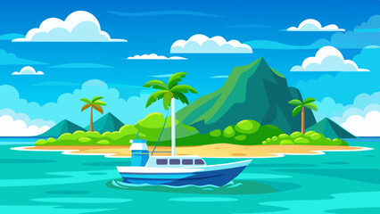  a boat in turquoise ocean water with a backdrop