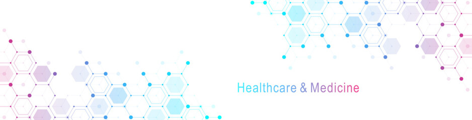 Modern health care or medical background design. Health care innovation concept. Horizontal header web banner. Abstract geometric background with hexagon shapes for medicine, science, chemistry.