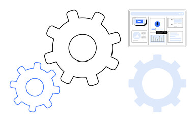 Interconnected gears beside a digital screen with charts and controls represent automation, teamwork, efficiency, productivity, innovation, technology, and problem-solving. Clean, simple flat