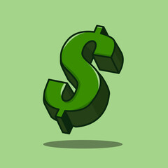 Icon Cartoon Dollar Sign with Shadow on Green Background Vector Illustration Isolated Design