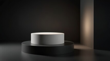 Minimalist dark studio scene featuring a white cylindrical platform on a black base, subtly lit.