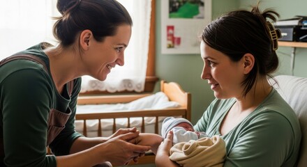 Two women smiling and talking while one holds a newborn baby