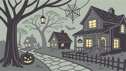 Spooky halloween night with a haunted house jack o lantern bats and a spiderweb creating a classic eerie atmosphere