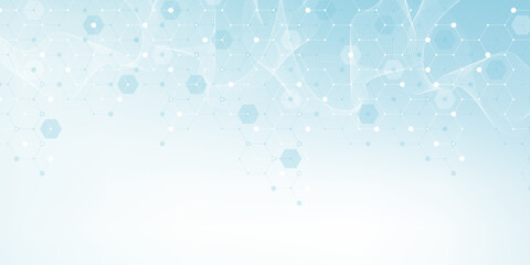 Modern health care or medical background design. Health care innovation concept. Horizontal header web banner. Abstract geometric background with hexagon shapes for medicine, science, chemistry.