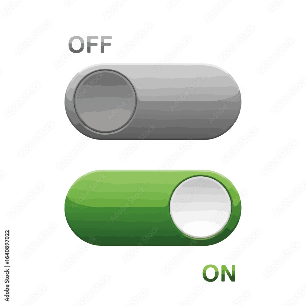 Poster off and on switch illustration displaying activation status, digital buttons in grey and green. stat