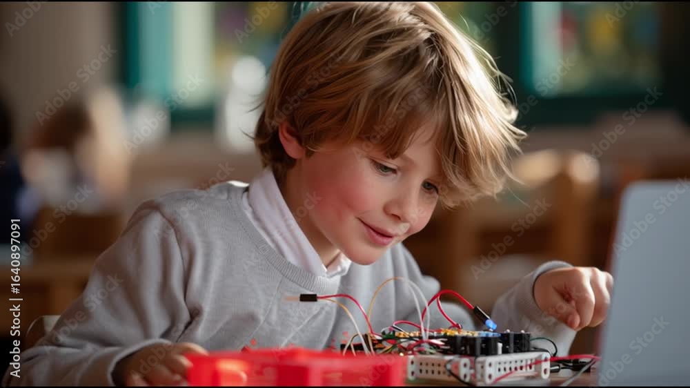 Aufkleber young boy exploring electronics through hands-on activity in classroom setting