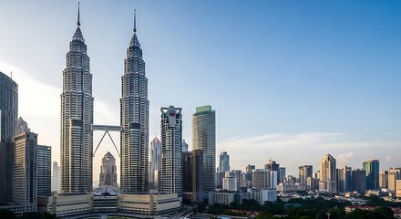 The Petronas Towers are twin skyscrapers in Kuala Lumpur, Malaysia, standing at 452 meters