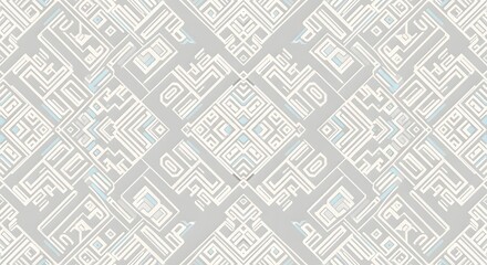 Fototapeta premium Symmetrical geometric pattern with maze-like shapes in light blue and white on a gray background, creating an abstract and intricate design.