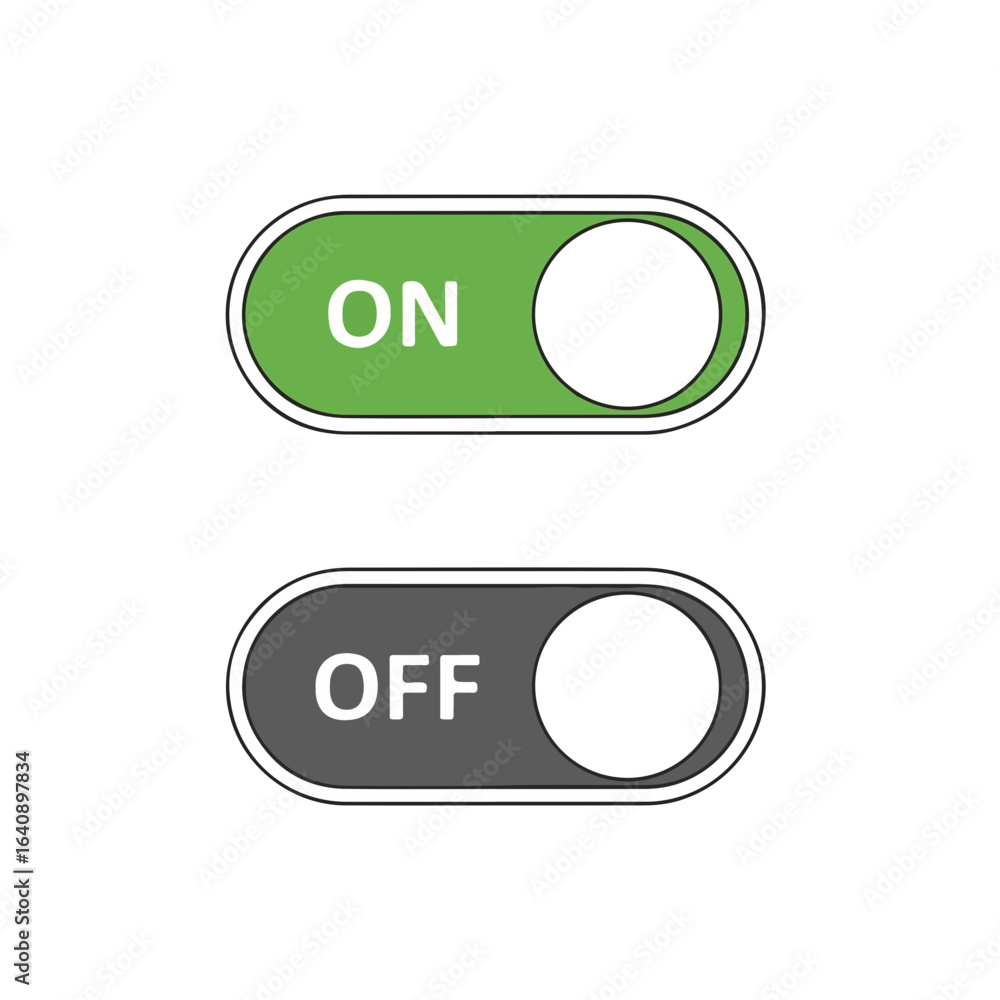 Poster on off state buttons with switch, green and gray, for application interface. on off symbols represen