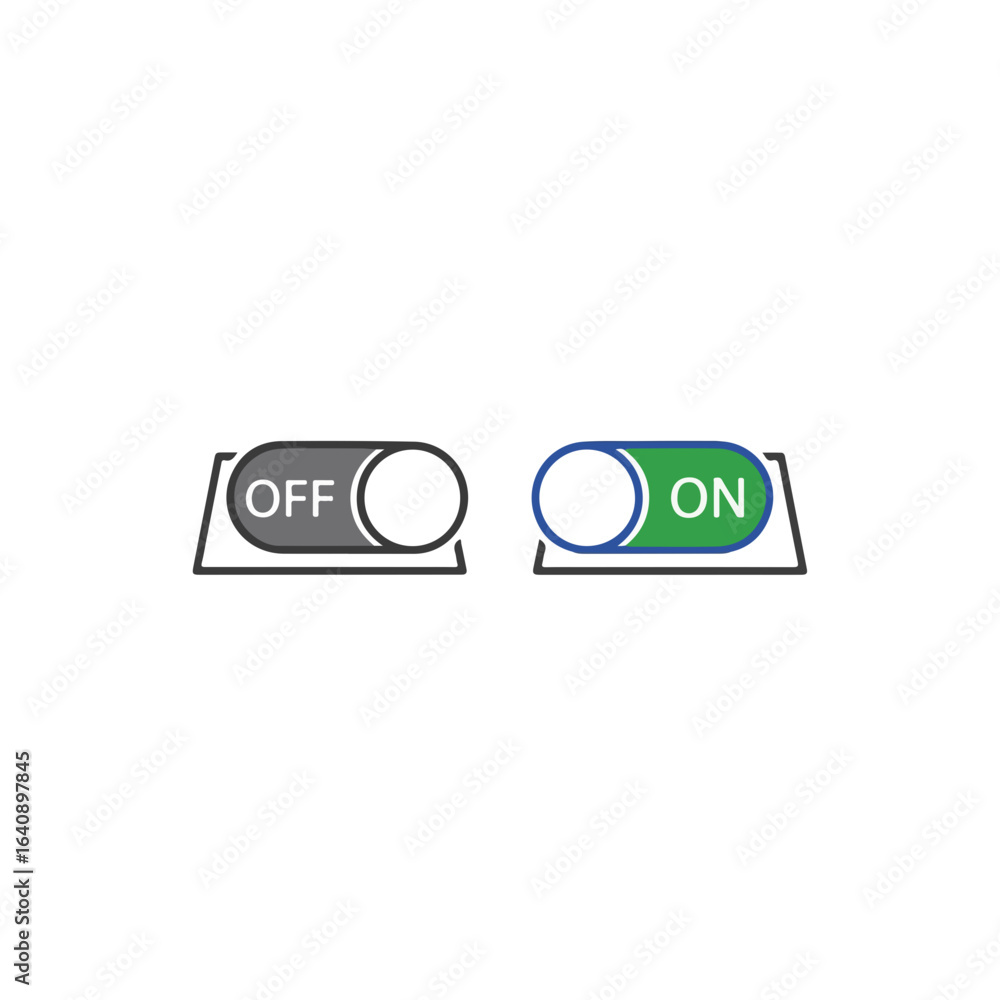 Poster on off switch for smart systems, a gray off switch paired with green on off switch. button symbolize